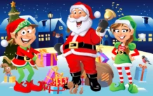 Santa And Elves Night Scene Christmas Cardboard Standin
